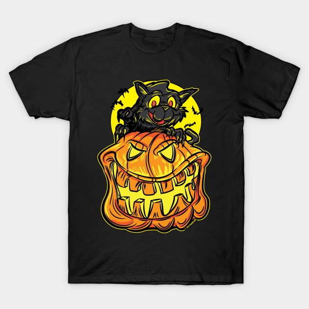 Black Cat on a Jack-O-Lantern Pumpkin By eShirtlabs T-Shirt by eShirtLabs